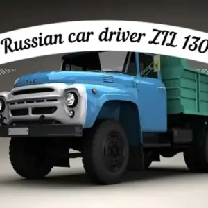 Mô tả hình ảnh về giao diện game Russian Car Driver ZIL 130 Premium với chiếc xe tải ZIL 130 đang di chuyển trên đường.