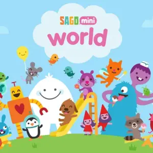 mô tả hình ảnh: Giao diện chính của game Sago Mini World với nhiều màu sắc tươi sáng, hình ảnh các nhân vật hoạt hình dễ thương.