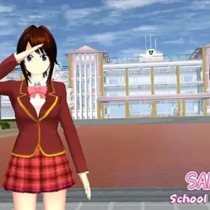 Mô tả ảnh: Hình ảnh nữ sinh trong game SAKURA School Simulator đang đứng trước cổng trường.