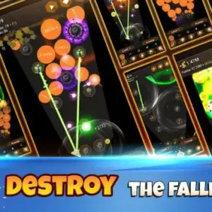 mô tả hình ảnh: Giao diện game Towerball với các quả bóng đầy màu sắc và tháp phòng thủ