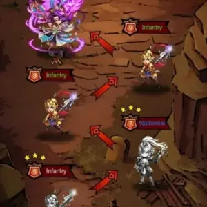 Mô tả hình ảnh: Giao diện chiến đấu trong game Scuffle officer với các thẻ bài tướng lĩnh