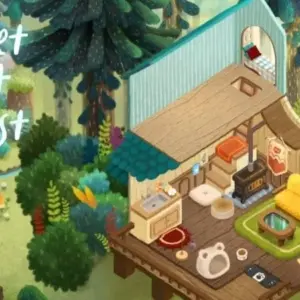 mô tả hình ảnh: Hình ảnh game Secret Cat Forest với một chú mèo đang nằm ngủ trên thảm