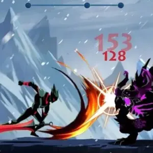 Mô tả hình ảnh: Giao diện game Shadow Fighter với nhân vật chính đang chiến đấu với quái vật.