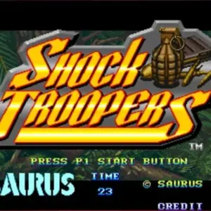Mô tả ảnh: Giao diện game SHOCK TROOPERS ACA NEOGEO với hình ảnh nhân vật chính đang chiến đấu.