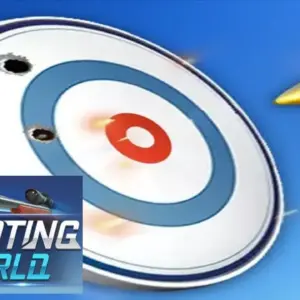 mô tả hình ảnh: Giao diện game Shooting World với hình ảnh súng ngắm và mục tiêu là chai bia