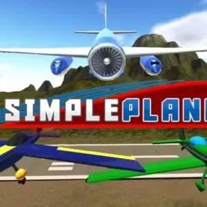 Mô tả hình ảnh: Giao diện game SimplePlanes với một chiếc máy bay đang bay trên bầu trời xanh