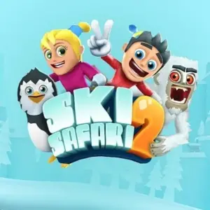 Mô tả hình ảnh: Giao diện game Ski Safari 2 với nhân vật đang trượt tuyết trên nền tuyết trắng xóa.