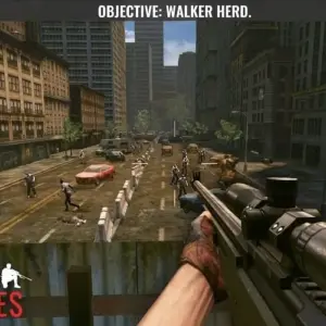 Hình ảnh trong game Sniper Zombie với cảnh thành phố hoang tàn