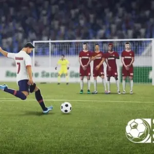 Mô tả ảnh: Giao diện game Soccer Super Star với hình ảnh cầu thủ đang chuẩn bị sút bóng.