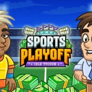Alt text: Giao diện game Sports Playoff Idle Tycoon với hình ảnh sân vận động sôi động và đầy màu sắc.