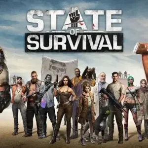 Mô tả hình ảnh: Giao diện game State of Survival với cảnh chiến đấu giữa người và zombie