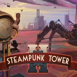 Mô tả hình ảnh: Giao diện chính của game Steampunk Tower 2 với tòa tháp chiến đấu đồ sộ.