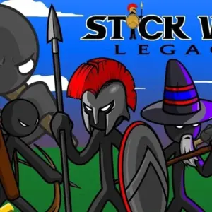 Mô tả hình ảnh: Giao diện game Stick War: Legacy với quân đội người que đang chiến đấu
