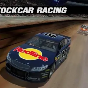 Mô tả hình ảnh: Giao diện game Stock Car Racing với một chiếc xe đua màu đỏ đang lao vun vút trên đường đua.