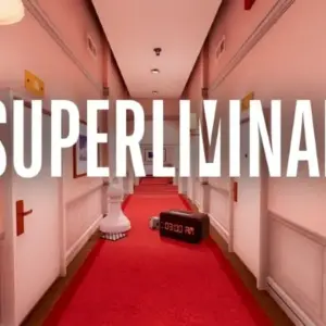 Mô tả hình ảnh: Logo game Superliminal với hình ảnh một khối lập phương đang tan biến