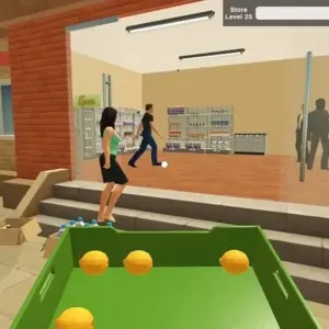 mô tả hình ảnh: Giao diện game Supermarket Business Simulator với hình ảnh quầy hàng đầy ắp sản phẩm