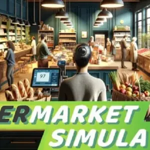 Mô tả hình ảnh: Giao diện game Supermarket Simulator với quầy hàng hóa đầy ắp.