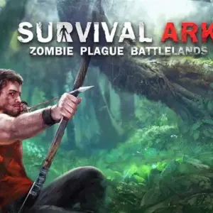 Mô tả hình ảnh: Hình ảnh quảng cáo game Survival Ark: Zombie Plague Island PRO với cảnh nhân vật chính đang chiến đấu với zombie.