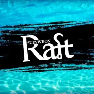 Alt text: Hình ảnh gameplay Survival on Raft với người chơi đang đứng trên bè gỗ giữa đại dương.