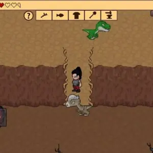 Alt text: Hình ảnh gameplay Survival RPG 3 với nhân vật chính đang chiến đấu với khủng long