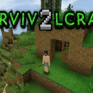 Mô tả hình ảnh: Giao diện game Survivalcraft 2 với nhân vật đang đứng trên một ngọn đồi, xung quanh là cây cối và động vật.