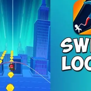 Mô tả hình ảnh: Giao diện game Swing Loops với nhân vật đang đu dây giữa các tòa nhà