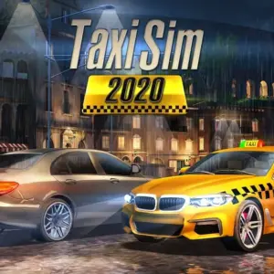 Mô tả hình ảnh về giao diện game Taxi Sim 2020 với một chiếc taxi màu vàng đang di chuyển trên đường phố