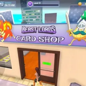 Mô tả hình ảnh: Giao diện game TCG Card Supermarket Simulator với hình ảnh các kệ trưng bày thẻ bài.