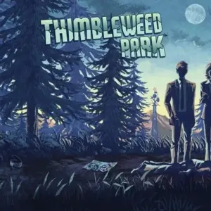 Bìa game Thimbleweed Park với hình ảnh thị trấn u ám