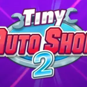Mô tả hình ảnh: Giao diện game Tiny Auto Shop 2 với hình ảnh một gara ô tô nhỏ, nhân vật hoạt hình đang sửa chữa xe.