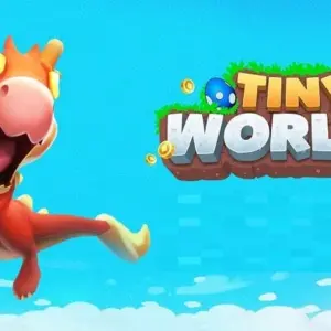 Mô tả hình ảnh: Giao diện game Tiny Worlds với hình ảnh rồng đang bay trên bầu trời