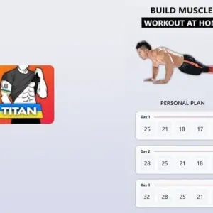 Mô tả hình ảnh về giao diện ứng dụng Titan - Home Workout & Fitness với người dùng đang tập luyện.