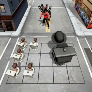 Mô tả hình ảnh: Giao diện chiến đấu trong game Toilet Monster với đội quân bồn cầu và kẻ thù camera man.
