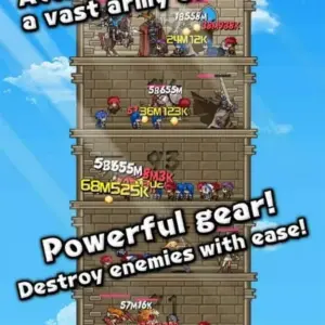 Mô tả hình ảnh: Giao diện chiến đấu trong game Tower of Hero với hình ảnh các anh hùng đang chiến đấu chống lại quái vật.