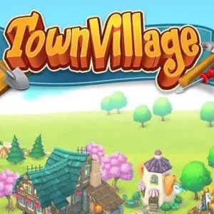 Mô tả hình ảnh: Giao diện game Town Village Farm Build City với hình ảnh một thị trấn nhỏ bên bờ sông.