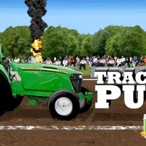 Mô tả hình ảnh: Giao diện game Tractor Pull với hình ảnh một chiếc máy kéo đang chuẩn bị kéo một khối kim loại nặng