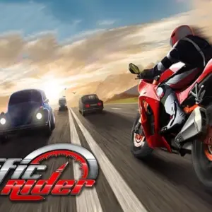 Mô tả hình ảnh: Hình ảnh giao diện game Traffic Rider với một chiếc mô tô đang chạy trên đường cao tốc.