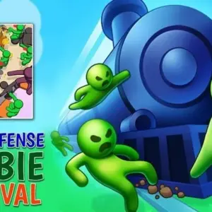Mô tả hình ảnh: Hình ảnh giao diện game Train Defense với một đoàn tàu đang di chuyển qua vùng đất hoang tàn, xung quanh là zombie đang tấn công.