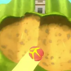 Mô tả hình ảnh: Giao diện game Tropic Smash với quả cầu lửa đang lao xuống phá hủy các công trình.