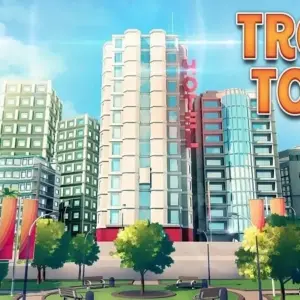 Mô tả hình ảnh: Giao diện game Tropic Town với các công trình kiến trúc hiện đại trên nền đảo nhiệt đới.