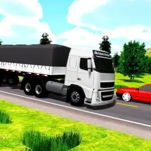 Mô tả hình ảnh: Giao diện game Truck Sim Brasil với hình ảnh một chiếc xe tải đang di chuyển trên đường.