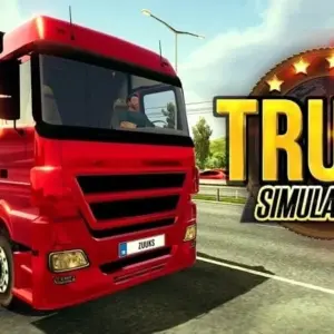 Mô tả hình ảnh: Giao diện game Truck Simulator: Europe với hình ảnh một chiếc xe tải đang di chuyển trên đường.