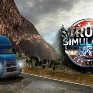 mô tả hình ảnh: Giao diện game Truck Simulator USA với hình ảnh một chiếc xe tải đang di chuyển trên đường.