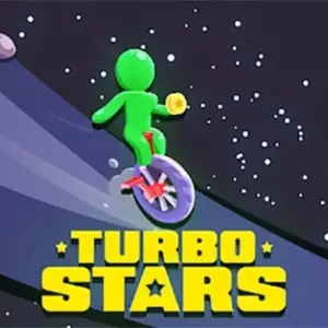 Mô tả hình ảnh: Giao diện game Turbo Stars với nhân vật đang lướt ván trên đường đua.