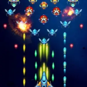 Mô tả ảnh: Giao diện game Universe Invader: Alien Attack với tàu chiến của người chơi đang bắn hạ kẻ thù ngoài không gian.