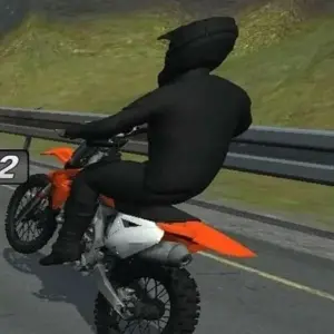 Mô tả hình ảnh: Giao diện game Wheelie Life 2 với một chiếc xe máy đang bốc đầu