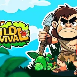 Mô tả hình ảnh: Giao diện game Wild Survival với nhân vật chính đang chiến đấu với một con sói.