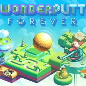 Mô tả hình ảnh: Giao diện bắt đầu game Wonderputt Forever với khung cảnh sân golf độc đáo