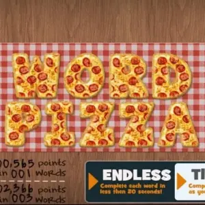 Mô tả hình ảnh: Giao diện game Word Pizza với một chiếc pizza và các chữ cái xung quanh