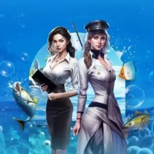 Mô tả hình ảnh: Giao diện game World Fishing với hình ảnh cần thủ đang câu cá trên thuyền.